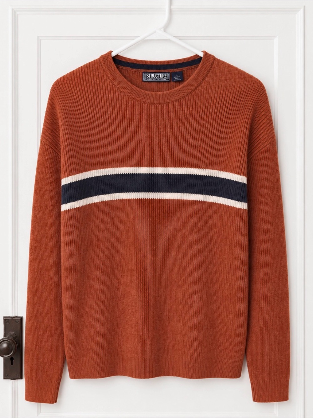 Structure vintage Rust Crewneck Sweater with Navy and Cream Stripe size large